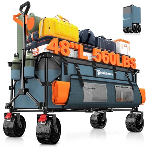 Originsure 300L Foldable Beach Wagon Cart with Big Wheels,560lbs,Grey&Blue | 48" Folding Utility Wagon,7" All-Terrain Wheels,Heavy Duty Frame,Compact&Space-Saving,for Camping,Sports,Grocery,Garden - color: Blue&grey