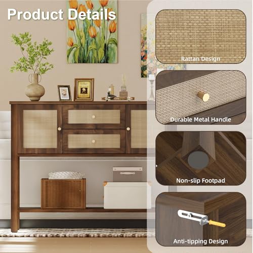 YOSHOOT Rattan Console Table with Storage, Entryway Table with 2 Doors & 2 Drawers, Farmhouse Coffee Bar for Kitchen, Living Room, and Entryway, Walnut - color: Walnut
