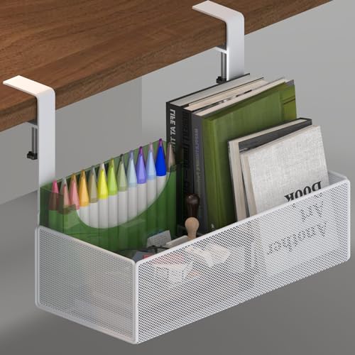 orbixa Under Desk Storage Organizer Clamp-On,Mesh Metal 3-IN-1 Desk side storage - Use on desk,under table or as a hanging wall organizer for office supplies & home& school essentials (white color) - color: white color