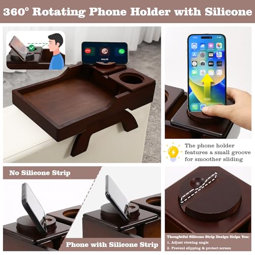 GHKINMAL Couch Cup Holder Tray, 15.4"x9.9" Large 4 in 1 Couch Armrest Table with 360°Rotated Phone Holder, Non-Slip Clip on Side Table for Drinks/Remote/Snacks, Ideal Gift for Husband, Wife, Parents - color: Walnut