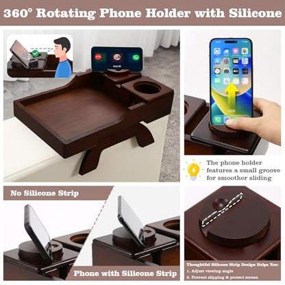 GHKINMAL Couch Cup Holder Tray, 15.4"x9.9" Large 4 in 1 Couch Armrest Table with 360°Rotated Phone Holder, Non-Slip Clip on Side Table for Drinks/Remote/Snacks, Ideal Gift for Husband, Wife, Parents - color: Walnut
