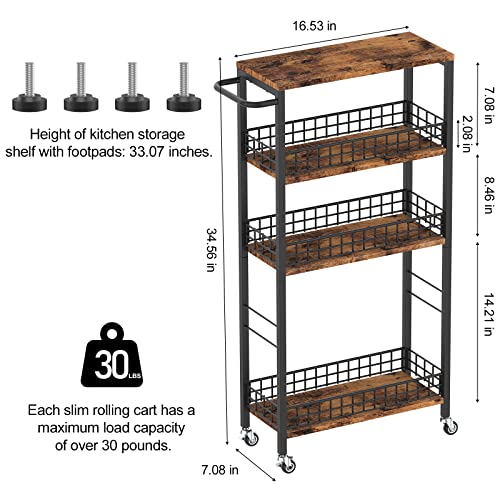 NOVIMANGO Slim Storage Cart Narrow Laundry Cart 4 Tier, Black | Rolling Kitchen Cart with Wheels, Narrow Bathroom Cart, with Handle for Small Spaces, with Wood Tabletop - color: Brown