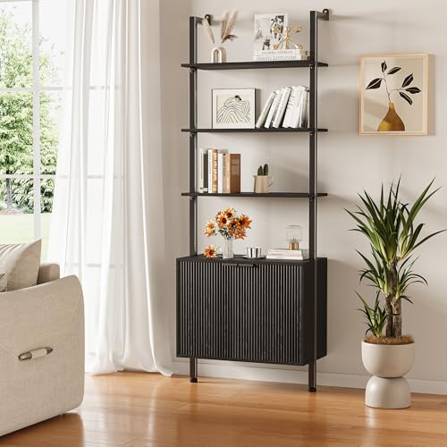 INNOD 74" Tall Bookshelf with Storage Cabinet, Modern Ladder Shelf with Wood and Metal Frame, Wall Mount Bookcase Open Display Shelf Furniture for Living Room, Bedroom, Home Office，Black - color: Black