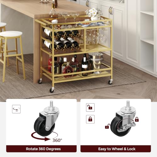 MAHANCRIS Bar Cart for Home, 3-Tier Serving Cart with Wheels and Handle, Beverage Cart with Wine Rack and Glass Holders, Rolling Wine Cart for Kitchen, Dining Room, Gold RCGD81B01 - size: 31.7''L x 15.7''W x 34.6''H
