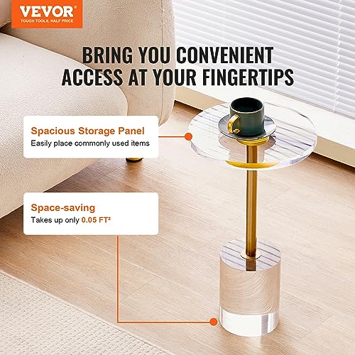 VEVOR Clear Acrylic Side Table, Modern End Table with Solid Base, φ12 inch Round Tabletop, 21 inch High, 20mm Thick, for Coffee, Drink, Food, Snack Used in Living Room, Bedroom, Office, Easy Assembly - style: Brushed Brass