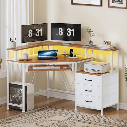 47" Corner Desk with Drawers, Power Outlets ＆ Printer Shelf for Small Space | Small Computer Desk with Monitor Stand, Triangle Gaming Desk with LED Lights and Keyboard Tray, Brown and White - color: Brown and White