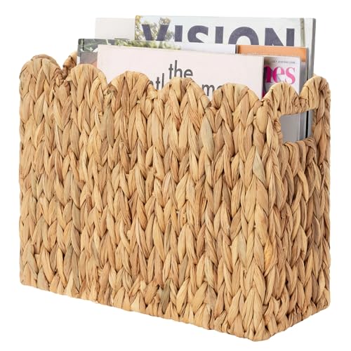 StorageWorks Hand-Woven Magazine Holder, Magazine Wicker Basket for Bathroom, Scalloped Rattan Magazine Holder, Natural Water Hyacinth, 1 Pack - color: Natural(Scalloped), size: 15"L x 6"W x 10 ¼"H