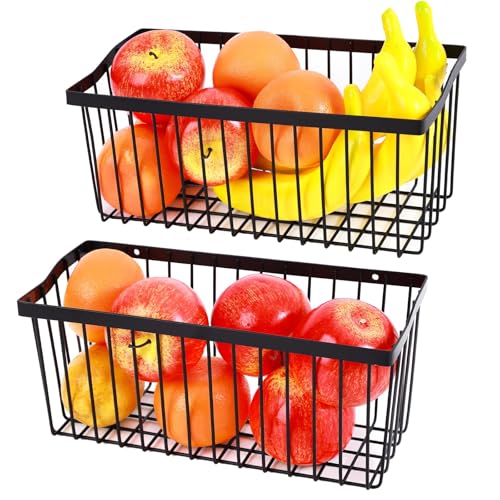 2 Pcs Fruit Basket Wire Baskets, Fruit and Veggie Storage Basket Holder for Kitchen Wall Mounted,Kitchen Organizers and Storage for Snack Onion Potato(Black)
