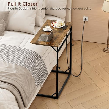 Vagusicc C Shaped End Table with Charging Station, Large C-Table End Table Adjustable Height Side Table for Couch, Couch Table Slide Under Sofa Table TV Tray Table for Sofa, Living Room, Bedroom,Brown - color: Rustic Brown, style: With Plug