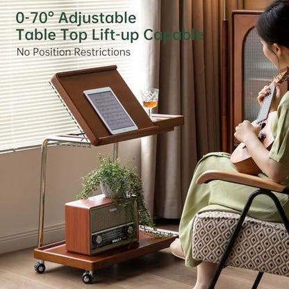 YESWOOD Adjustable C-Shaped Couch Table with Lockable Wheels – Rolling Small Space Side Table, Solid Wood End Table for Sofa, Bed & Living Room, (Teak,16.41" D x 24.4" W x 24.52" H) - color: Teak