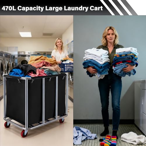 Commercial Laundry Cart with Wheels, 400L Capacity Heavy Duty Large Laundry Basket with Watertight Oxford Bag and Sturdy Steel Frame for Home, Hotel,Hospital,440 lbs(Black) - color: Black
