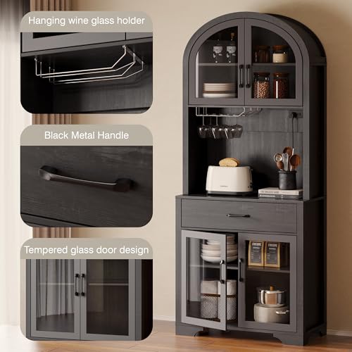 Arched Kitchen Pantry Storage Cabinet, Black Wooden Coffee Bar Cabinet with Drawers, Kitchen Hutch Dining Room Storage Cabinet with Charging Station and LED Light, Kitchen Hutch with Countertop - color: Black