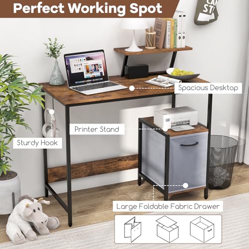 Giantex Computer Desk with Drawer and Power Outlet, Home Office Desk with Reversible Storage Drawer & Raised Shelf, Computer Workstation with Hook, Industrial Study Writing Desk for Study, Bedroom