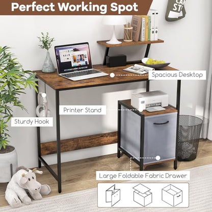 Giantex Computer Desk with Drawer and Power Outlet, Home Office Desk with Reversible Storage Drawer & Raised Shelf, Computer Workstation with Hook, Industrial Study Writing Desk for Study, Bedroom