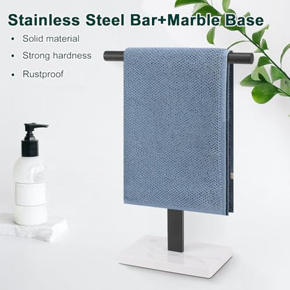 Hand Towel Holder, T-Shape Hand Towel Stand for Bathroom, Hand Towel Rack Bar Standing for Vanity Kitchen Countertop, 304 Stainless Steel, Marble Base (Black) - color: Black