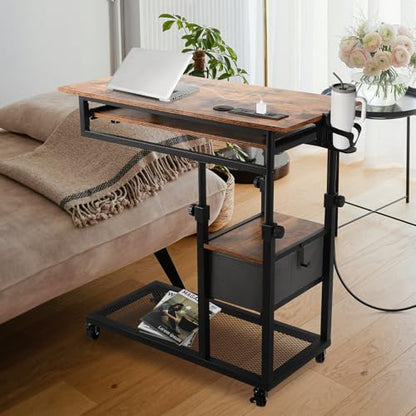 FAHKNS Overbed Table with Wheels, C Shaped End Table for Couch, Height Adjustable Desk on Wheels, Rolling Side Table with USB Ports & Outlets, Bedside TV Tray for Laptop Snacks