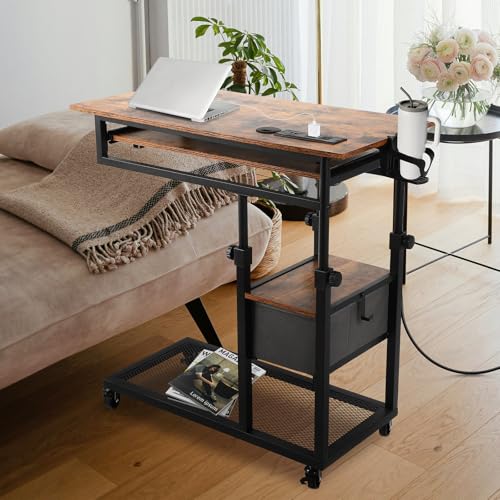 FAHKNS Overbed Table with Wheels, C Shaped End Table for Couch, Height Adjustable Desk on Wheels, Rolling Side Table with USB Ports & Outlets, Bedside TV Tray for Laptop Snacks