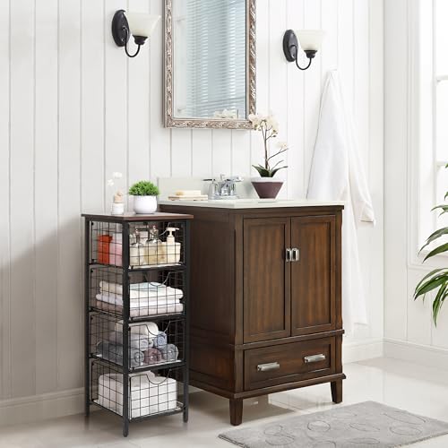 DINGTAI 5-Tier FreeStanding Storage Shelves with 4 Pull-Out Baskets,Bathroom Organizer Shelves Unit with WoodTop,Fruit Basket for Kitchen,Storage Tower Organizer Basket Cart for Bathroom，Black