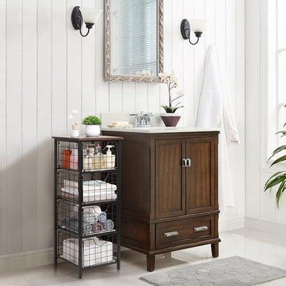 DINGTAI 5-Tier FreeStanding Storage Shelves with 4 Pull-Out Baskets,Bathroom Organizer Shelves Unit with WoodTop,Fruit Basket for Kitchen,Storage Tower Organizer Basket Cart for Bathroom，Black