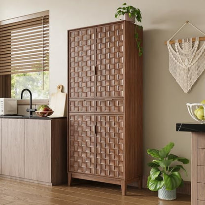 Pantry Cabinet, 71" Tall Pantry Cabinet,Modern Kitchen Cabinet with Doors, Drawers & Adjustable Shelves, Freestanding Food Pantry Cupboard with Side Rack for Kitchen Dining Room,Walnut - color: Walnut