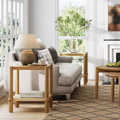 Nathan James River Modern Coastal Side Table with Solid Wood Legs and Seagrass Storage Shelf, Light Brown Set of 2 - color: Light Brown/Seagrass, size: Set of 2
