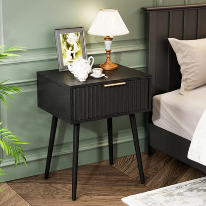 VINGLI Nightstands Set of 2, Fluted Night Stand with Drawer, Bedside Table, Wood Nightstand for Bedroom, Mid Century Modern End Tables, Black, 18.9" W*14.96" D*24" H - color: Black, size: 19"W-1 Drawer
