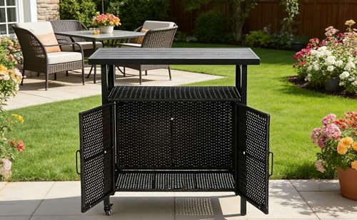 Outdoor Wicker Bar Cart with Glass Top & Wheels – Rolling Rattan Beverage Counter Table for Patio, Backyard, Poolside, BBQ Parties –Multi-Functional Grilling Prep Station & Storage Cabinet (Black)