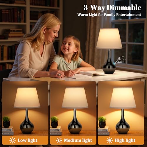 Seealle Touch Table Lamp for Bedroom, 3-Way Dimmable Small Bedside Lamps for Night Stands with Wires, Gloss Black Desk Lamp for Kids Room, Office, Living Room, End Table(LED Bulb Included) - color: F. White Shade & Pearl-black Base