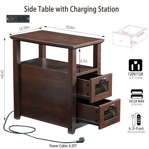 HDDDZSW Farmhouse XXL End Table with Charging Station, Narrow Side Table with USB Ports and Outlets, Nightstand with 2 Drawers Storage, Bedside Tables for Living Room, Bedroom, Rustic Cherry - color: Cherry