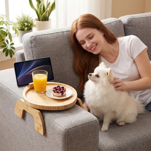 Couch Arm Tray Table Oval, Bamboo Clip-On Sofa Armrest Snack Tray with 360° Phone Holder, Collapsible Cozy Sofa Armrest Tray Bamboo Side Table for Drinks, Food or Something Else (1-Pack) - color: Round Natutal