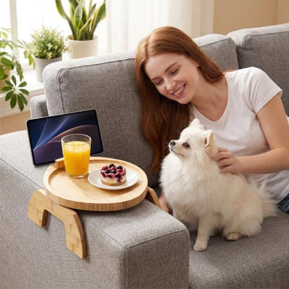 Couch Arm Tray Table Oval, Bamboo Clip-On Sofa Armrest Snack Tray with 360° Phone Holder, Collapsible Cozy Sofa Armrest Tray Bamboo Side Table for Drinks, Food or Something Else (1-Pack) - color: Round Natutal