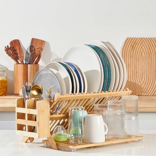 NOVAYEAH Bamboo Dish Drying Rack with Utensil Holder, Collapsible Wooden Dish Drainer Rack, 3-Tier Large Folding Drying Holder for Kitchen Counter 51 pcs Grid - color: 3-tier (Bamboo)