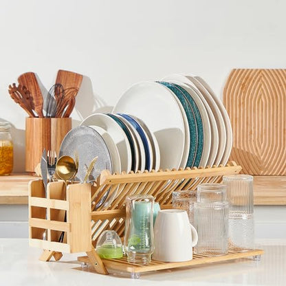 NOVAYEAH Bamboo Dish Drying Rack with Utensil Holder, Collapsible Wooden Dish Drainer Rack, 3-Tier Large Folding Drying Holder for Kitchen Counter 51 pcs Grid - color: 3-tier (Bamboo)