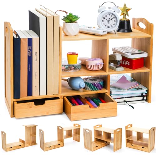 Eorbow Bamboo Desktop Bookshelf, Expandable Counter Bookcase, Storage Shelves Rack Organizer with Anti-Slip Pads, Cute Small Desk Display Cubby Top for Office Supplies, No Assembly Needed