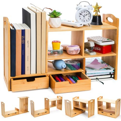 Eorbow Bamboo Desktop Bookshelf, Expandable Counter Bookcase, Storage Shelves Rack Organizer with Anti-Slip Pads, Cute Small Desk Display Cubby Top for Office Supplies, No Assembly Needed