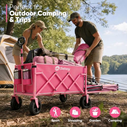 Sekey Collapsible Wagon Cart with Drop-Down Tailgate, 300 lb Capacity - color: Pink, size: 300 lbs