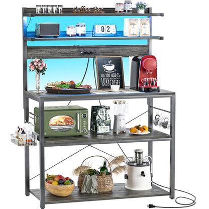 Aheaplus Bakers Rack with Power Outlet, Microwave Stand, 5 Tiers Coffee Bar Station with Led Lights, Kitchen Storage Shelf with 6 S-shaped Hooks, Kitchen Rack Coffee Bar Stand, Grey Oak - color: Black Oak, size: 31.5 inch