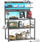 Aheaplus Bakers Rack with Power Outlet, Microwave Stand, 5 Tiers Coffee Bar Station with Led Lights, Kitchen Storage Shelf with 6 S-shaped Hooks, Kitchen Rack Coffee Bar Stand, Grey Oak - color: Black Oak, size: 31.5 inch