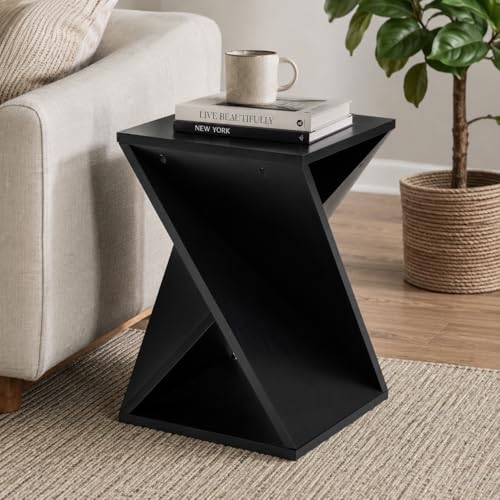 COZAYH Farmhouse Square Solid Wood Twisted Pedestal Side Table, Black | Modern Minimalist End Table Plant Stand for Living Room, Bedroom, Office, Rustic - color: Black