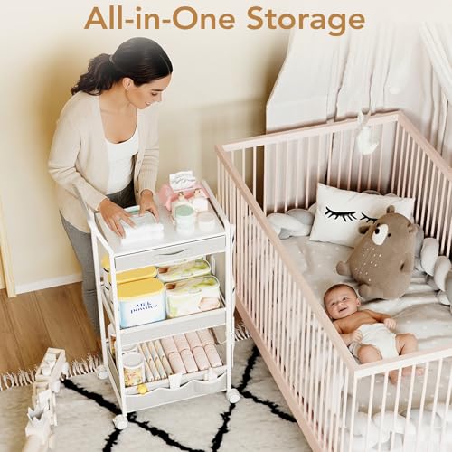 BBLIKE 3-Tier Diaper Caddy Organizer - Rolling Utility Baby Cart with Drawer and Side Pockets for Nursery and Baby Essentials, Multi-Function Cart for Bedroom and Bathroom, White - style: Drawer-White