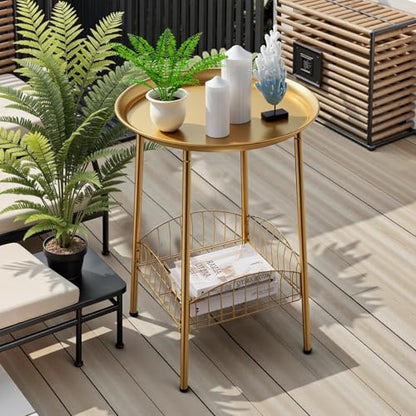 Small Outdoor Side Table, 2-Tier Round Metal Patio Table, Accent Table Waterproof, Weather Resistant End Table for Yard Porch Pool Balcony Garden Bedside (Gold) - color: Gold