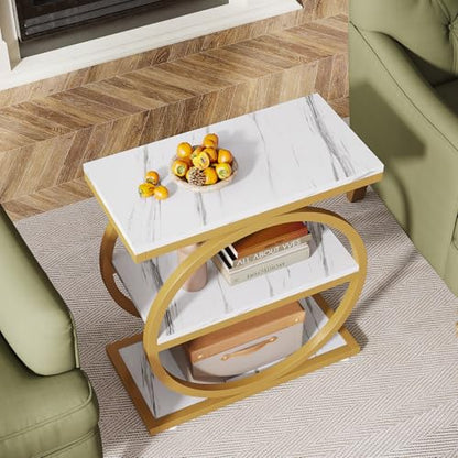 Tribesigns End Table with Storage Shelves, 3-Tier Wooden Industrial Sofa Side Table with Black Metal Frames for Living Room, Slim Nightstand and Bedside Table for Bedroom, White & Gold - color: White