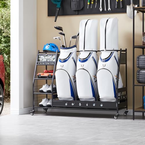 Lauren&Harold Golf Bag Organizer Garage Storage, Golf Storage Rack Stand Fits 2 Golf Bags, Golf Clubs and Other Golfing Equipment Accessories, Golf Organizer for Garage, Club, Shed, Basement - color: Black, size: Large