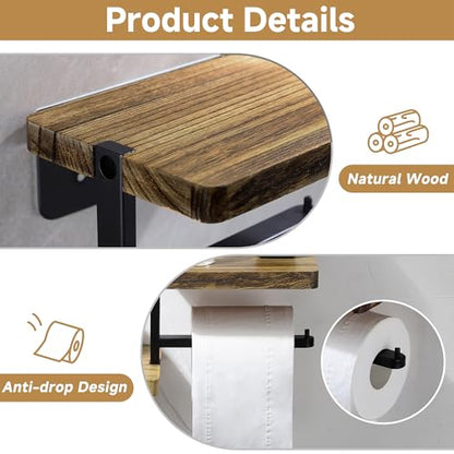 Double Layer Toilet Paper Holder - Adhesive & Screw-in Farmhouse Rustproof Bathroom Accessories with Shelf for Wipes&Cell Phone&Fragrance - color: Charcoal Brown
