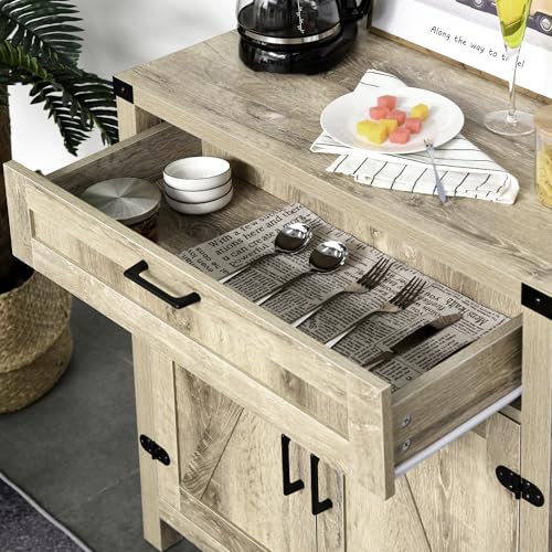 HOMCOM Sideboard, Storage Drawer, Coffee Bar Cabinet, Oak | Kitchen Cabinet, 2 Barn Doors, Modern Farmhouse - color: Oak