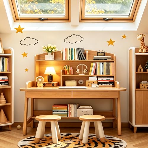 Solid Wood Desk with Hutch, 36.6" Home Office Writing Desk with 2 Drawers & Open Bookshelf, Study Table with Rounded Edges & Thickened Panel, Ideal for Kids/Adults Bedroom, Small Space