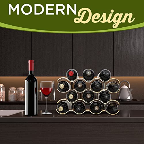 NutriChef Bamboo Wine Rack - 4 Tier Countertop Shelf with Slots that Holds 14 Bottles, Unique Stackable Wooden Holder, Save Space for Cabinet, Kitchen and Pantry, Modern Contemporary Wave Design - size: Desktop