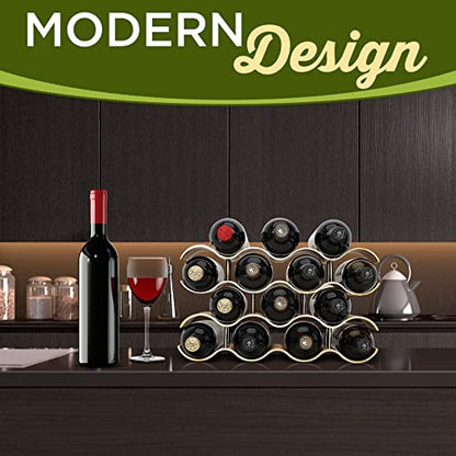 NutriChef Bamboo Wine Rack - 4 Tier Countertop Shelf with Slots that Holds 14 Bottles, Unique Stackable Wooden Holder, Save Space for Cabinet, Kitchen and Pantry, Modern Contemporary Wave Design - size: Desktop