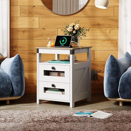 WLIVE Nightstand with Charging Station, Farmhouse End Table, Bed Side Table with 2 Storage Drawers and Open Shelf, Wood Rustic Nightstands for Bedroom, White and Greige - color: Greige and White, style: Farmhouse