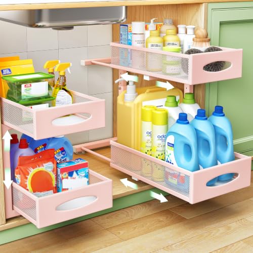 2 Pack Under Sink Organizer, 2 Tier Pull out Cabinet Organizer Mesh Baskets with 5 Adjustable Heights, Sliding Drawers Storage Shelf for Home, Kitchen, Bathroom, Pantry, Office, Countertop ,Pink - color: Pink, size: 2 Pack